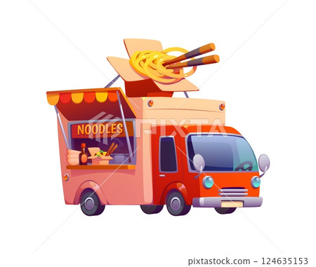 Cartoon noodle food truck, vintage festival foodtruck features giant takeout wok box with chopsticks and noodles on top. Vector retro van represents street food culture, Asian cuisine or mobile dining 124635153