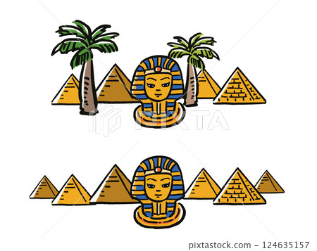 Egyptian pyramids, palm trees, and Tutankhamun lined up in a relaxed illustration set 124635157