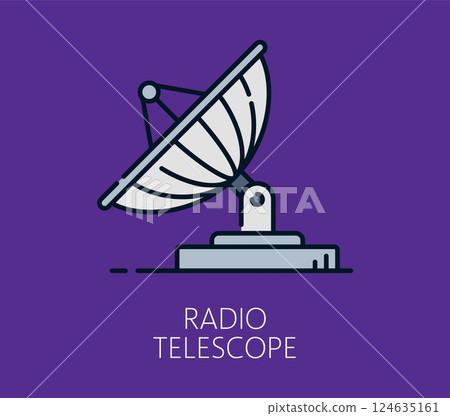 Space radio telescope color line icon. Astronomy travel outline sign, space exploration lineart vector symbol. Galaxy outerspace research or discovery thin line icon or cosmos flight linear icon 124635161
