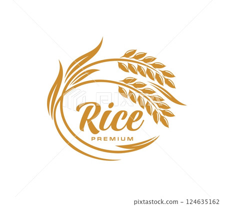 Asian rice ear icon, vector emblem with round frame of cereal stalks and premium rice typography. Paddy rise organic natural product label, agriculture field production advertising or package design 124635162