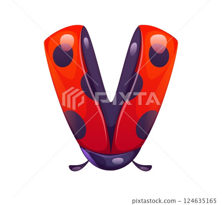 Ladybug insect cartoon font letter V. Cute lady bug kids ABC font letter, garden ladybird cartoon vector English alphabet typeset sign. Red ladybug beetle type symbol or typeface element 124635165