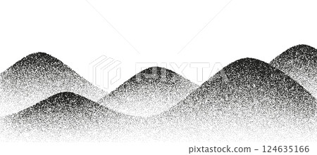 Mountains noise landscape.,grain halftone hills. Vector black and white noisy wavy texture, gradually transitioning in density to form the shape of rolling hills and peaks, abstract pointillism effect 124635166