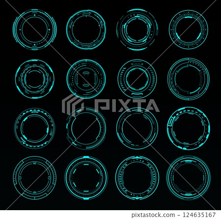 Dial HUD interface. Sound volume round knob switch, round neon frames or borders. Vector set of sci fi UI futuristic glowing circles, buttons for computer game or app menu panel, in techno HUD style 124635167