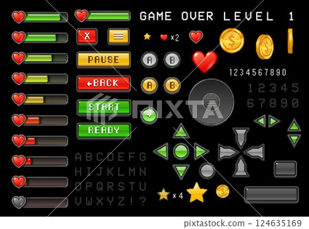 8bit pixel art game interface buttons, loading bar, rating and health icons asset. Vector ui set of directional controls, coins, hearts, stars, indicators. Pixelated classic retro videogame interface 124635169