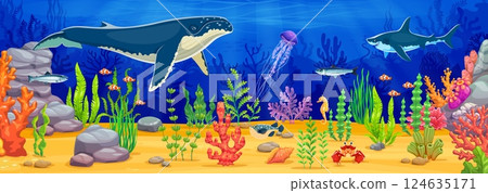 Underwater game background with sea landscape and cartoon animals, giant whale, fish, shark and jellyfish swimming among vibrant coral reefs, rocks and sea plants on ocean floor. Vector marine scene Underwater game background with sea landscape and cartoon animals, giant whale, fish, shark and jellyfish swimming among vibrant coral reefs, rocks and sea plants on ocean floor. Vector marine scene 124635171