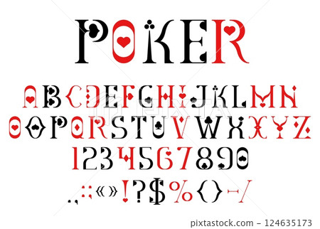 Casino card suit font, poker game typeface, gambling type, vegas english alphabet vector typography. Casino poker game play card font letters and numbers with black red hearts, diamonds, clubs, spades 124635173