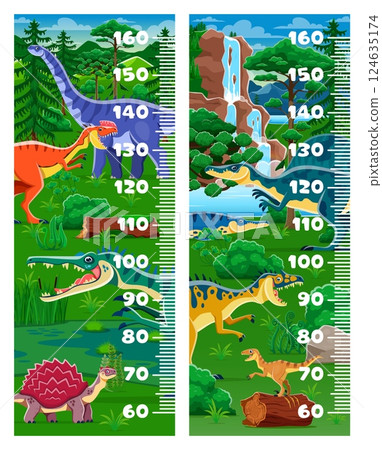 Kids height chart ruler with funny dinosaurs and cartoon Jurassic lizards, vector background. Kids height chart or baby growth measure ruler with prehistoric dinosaurs and lizards in jungle forest 124635174