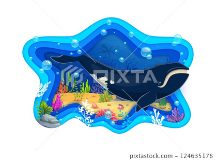 Ocean Day paper cut banner with blue whale character in underwater, cartoon vector. Ocean Day banner for sea nature conservation, underwater animals and coral reef fishes pollution protection 124635178