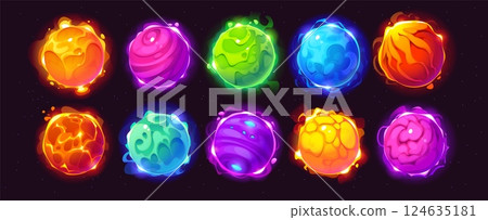 Cartoon glowing alien space planets for galaxy game assets, vector fantastic planets. Alien space worlds or glowing planets with craters of lava or ice and fire in starry sky for cosmic galaxy game 124635181
