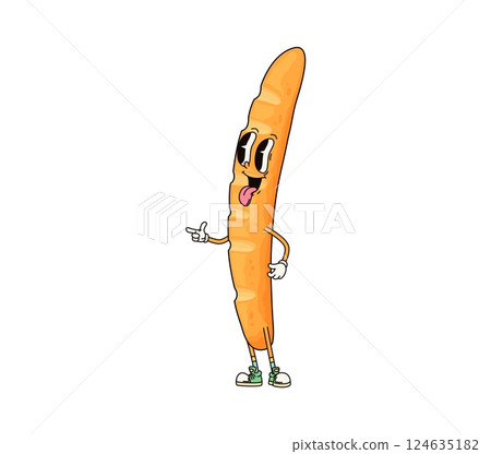 Funny groovy baguette bread character. Cartoon vector long bakery pastry retro food personage happily flashing finger gun gesture with sticking out tongue, captures playful, cheerful, hippie y2k vibes 124635182