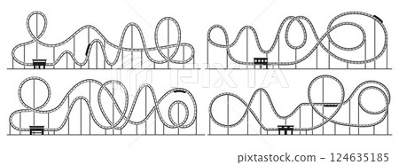 Roller coaster loop. Amusement park rollercoaster silhouette. Vector black and white roller coaster track loops, twists and steep drops, thrilling entertainment rides. Adrenaline extreme attractions 124635185
