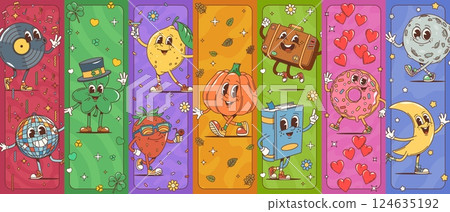 Cartoon groovy characters collage. Vinyl disk, disco ball, Patrick clover, strawberry and lemon. Pumpkin, suitcase and book, donut, crescent moon and planet retro y2k personages on colorful background 124635192