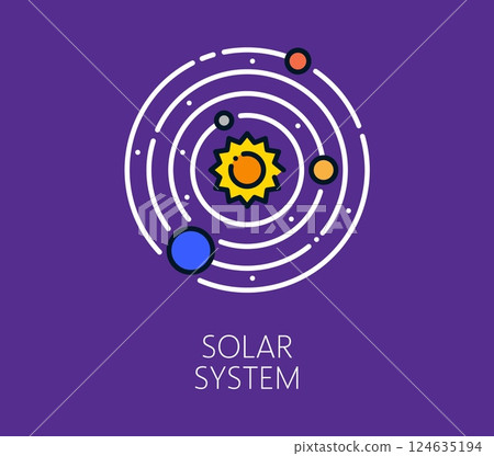 Space solar system planets color line icon. Space research or discovery linear icon, galaxy outerspace lineart vector icon. Cosmos exploration symbol or astronomy outline sign with solar system scheme Space solar system planets color line icon. Space research or discovery linear icon, galaxy outerspace lineart vector icon. Cosmos exploration symbol or astronomy outline sign with solar system scheme 124635194