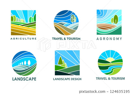 Lawn and farm landscape icons for agriculture or travel and tourism, vector emblems. Trees and fields nature landscape icons with river and sun in sky for farming agronomy, farmland or travel signs 124635195