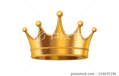 3d realistic king golden crown featuring spheres on top. Isolated vector yellow metallic gold royal luxurious symbol of imperial power, prestige, monarchy, leadership, victory, wealth and nobility 124635196