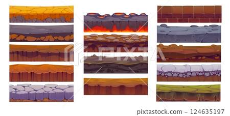 Soil ground seamless level surface game asset. Vector set of cartoon landscape layers, textures of lava, paved road, green field and desert cross section view. Textured gui background templates 124635197