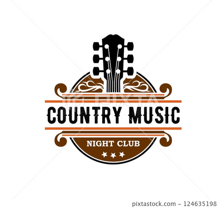 Country music icon with guitar for night club concert or bar band, vector emblem. Country music festival emblem for Western cowboy or American saloon nightclub and music studio badge Country music icon with guitar for night club concert or bar band, vector emblem. Country music festival emblem for Western cowboy or American saloon nightclub and music studio badge 124635198
