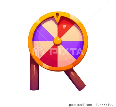 Cartoon circus font letter R as a colorful spinning wheel, retro carnival typeface, entertainment type, kids English alphabet. Vector abc typography character as round wheel with wooden legs Cartoon circus font letter R as a colorful spinning wheel, retro carnival typeface, entertainment type, kids English alphabet. Vector abc typography character as round wheel with wooden legs 124635199