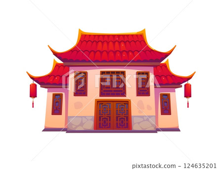 Chinese building and China architecture house, ancient temple or pagoda, cartoon vector. Chinese building or oriental traditional house and pagoda shrine or town gate in Asian style or Beijing palace Chinese building and China architecture house, ancient temple or pagoda, cartoon vector. Chinese building or oriental traditional house and pagoda shrine or town gate in Asian style or Beijing palace 124635201