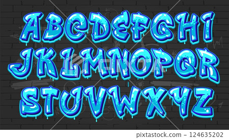 Blue ink graffiti font, hip hop grunge type, street art typeface english alphabet vector typography set on brick wall background. Spray paint graffiti font capital letters with drips and splatters Blue ink graffiti font, hip hop grunge type, street art typeface english alphabet vector typography set on brick wall background. Spray paint graffiti font capital letters with drips and splatters 124635202