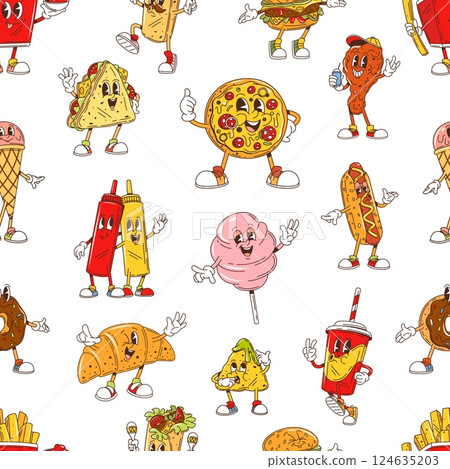 Groovy fast food characters seamless pattern with funny snacks and desserts, vector background. Cartoon groovy fast food pattern with funky pizza or freaky cheeseburger with happy smile and silly face 124635203