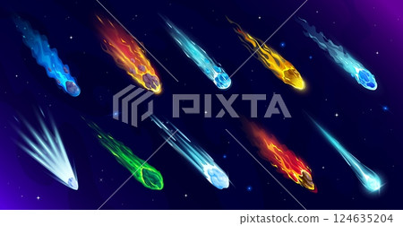 Falling space comets, meteors and asteroids on starry galaxy sky vector background. Cartoon comets of space rocks, ice and dust falling with speed fire trails and gas light tails. Meteor shower themes 124635204