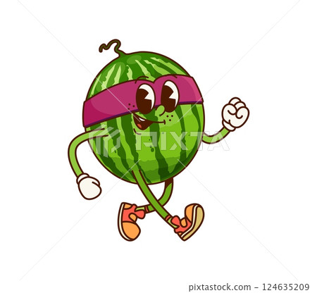 Cartoon groovy watermelon fruit superhero character. Vector super hero personage in mask cheerfully walking with funky y2k vibe. Cheerful fairytale healthy food, brave plant defender retro personage Cartoon groovy watermelon fruit superhero character. Vector super hero personage in mask cheerfully walking with funky y2k vibe. Cheerful fairytale healthy food, brave plant defender retro personage 124635209