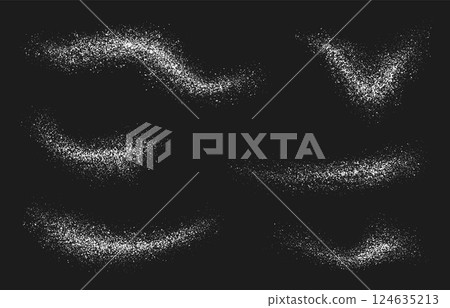 Powder flour texture of realistic splash waves and scatters, vector white sugar or salt. Flour powder or white dust particles splatter or ground chalk or crystal particles isolated on black background Powder flour texture of realistic splash waves and scatters, vector white sugar or salt. Flour powder or white dust particles splatter or ground chalk or crystal particles isolated on black background 124635213
