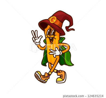 Groovy cartoon Mexican churro as Halloween wizard character, vector funny Tex Mex food. Groovy Mexican churro dessert with happy smile in witch hat and sorcerer wizard mantle for Halloween holiday 124635214
