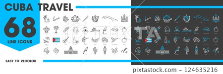 Cuba travel and landmark line icons. Vector Havana capitol building, flag, map and coat of arms, cuban cigar, rum and tobacco. Cuba guitar, beach palm, parrot, sugarcane and Columbus boat outline sign 124635216