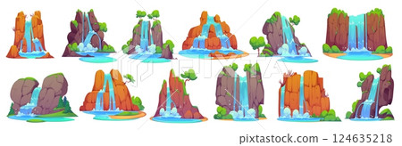 Cartoon waterfall water cascades set with mountains and jungle forest trees. Vector nature landscape scenery view of waterfalls, mountain river or stream cascades, blue water splashes, mist and drops Cartoon waterfall water cascades set with mountains and jungle forest trees. Vector nature landscape scenery view of waterfalls, mountain river or stream cascades, blue water splashes, mist and drops 124635218