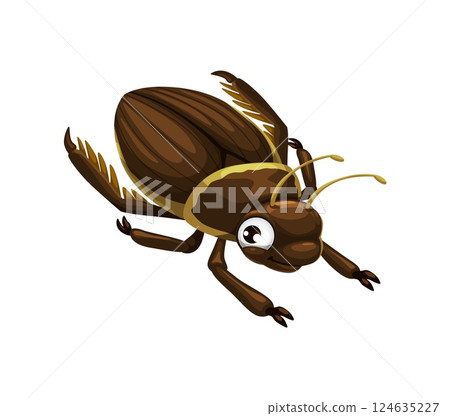 Cartoon funny diving beetle insect character. Isolated vector cute and playful pest personage with big expressive eyes and brown body, featuring antennae and spiky legs. Adorable bug in nature 124635227