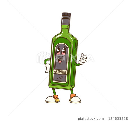 Groovy alcohol absinthe bottle character with funny face, vector retro cartoon. Funky groovy absinthe bottle with booze smile, psychedelic silly face and thumb up gesture for alcohol drink character 124635228