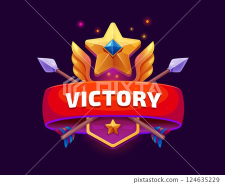 Game victory icon badge, gui award trophy featuring bright golden winged star, red banner and crossed arrows. Cartoon vector pop up user interface for gaming achievements and winners appreciation 124635229