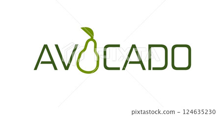 Avocado text icon for organic vegetable food market or vegetarian store, vector emblem. Creative modern design of avocado line silhouette with green text for vegan cuisine restaurant or smoothie bar 124635230