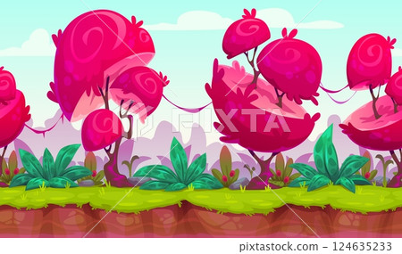 Seamless game landscape background with fairytale tropical forest, cartoon vector. Fairy tale magic fantasy game landscape with red mushroom trees or bizarre giant pink flowers in fantastic jungle Seamless game landscape background with fairytale tropical forest, cartoon vector. Fairy tale magic fantasy game landscape with red mushroom trees or bizarre giant pink flowers in fantastic jungle 124635233