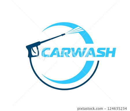 Car washing service icon of pressure washer gun with spray in splash bubble, vector symbol. Car wash service emblem for automobile and vehicles cleaning garage with high pressure wash gun sign Car washing service icon of pressure washer gun with spray in splash bubble, vector symbol. Car wash service emblem for automobile and vehicles cleaning garage with high pressure wash gun sign 124635234