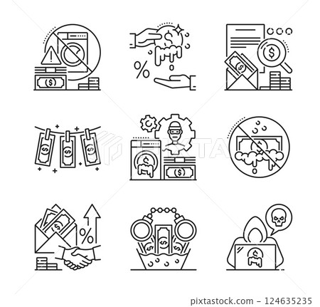 AML anti money laundering icons of economic crime and financial fraud, vector line signs. AML icons of corruption bribe, cyber scam or illegal finance and banking payments for anti money laundering 124635235
