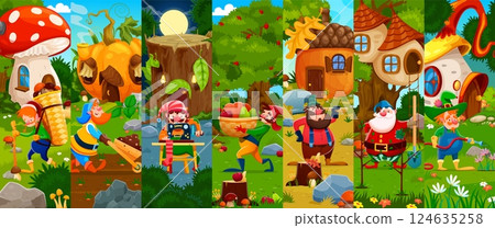 Garden gnome and dwarf characters collage with cute fairytale elves and magic garden town houses. Vector cartoon gnome farmers with wheelbarrow and shovel, cute dwarf lumberjack and tailor characters 124635258