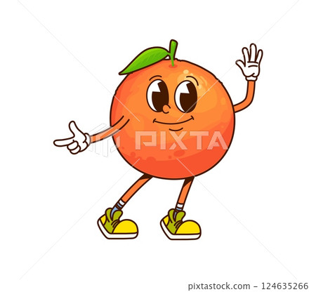 Cartoon funny groovy tropical orange fruit character. Isolated vector tropical tangerine mandarin citrus fruit personage with happy and joyful expression, flashing finger gun gesture with hippie vibe 124635266