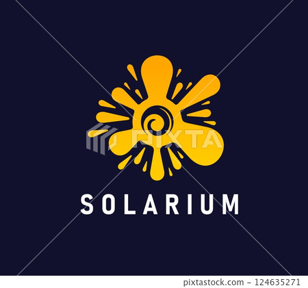 Solarium icon for tanning salon or summer beach and SPA, vector sun emblem. Solarium icon of flower shape sun for tanning studio sign, summer hotel resort and beauty or skincare cosmetics brand 124635271
