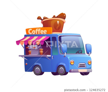 Cartoon coffee food truck, vintage festival street foodtruck van with giant cup on top, serving hot beverages. Mobile cafe car, restaurant on wheels with open side panel revealing coffee machine 124635272