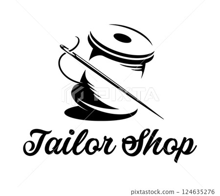Tailor shop needle and thread icon for atelier or sewing salon, vector emblem. Tailor shop, needlework and clothes sewing or seamstress studio emblem with thread spool and needle in silhouette Tailor shop needle and thread icon for atelier or sewing salon, vector emblem. Tailor shop, needlework and clothes sewing or seamstress studio emblem with thread spool and needle in silhouette 124635276