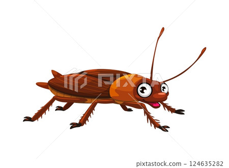 Cartoon funny cockroach insect character, vector bug mascot for kids. Cartoon cockroach or roach pest with cheerful smile on face and googly eyes, small cute insect from garden or forest 124635282