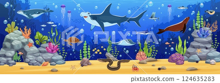 Underwater landscape, cartoon game background with hammerhead shark, seal, turtle sea animals and fish shoal amidst coral and seaweed. Cartoon vector ocean floor with diverse marine life and rocks 124635283
