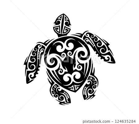 Maori tribal turtle reptile animal tattoo filled with traditional swirling patterns and black ink. Isolated vector tortoise shape reflects longevity and wisdom in cultural and oceanic significance 124635284
