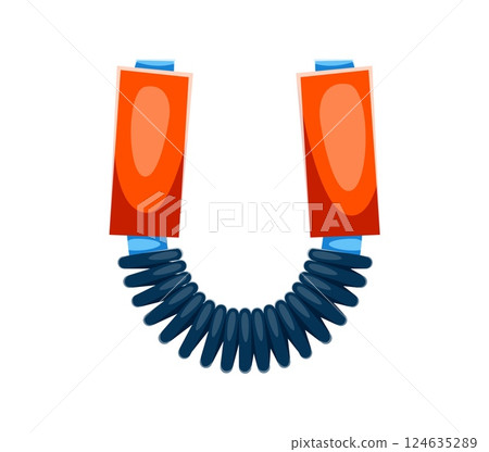 Cartoon sporty letter U as a hand grip with a coiled spring and ergonomic handles. Vector educational typography character, sport font, typeface, funny type, kids English alphabet promoting fitness Cartoon sporty letter U as a hand grip with a coiled spring and ergonomic handles. Vector educational typography character, sport font, typeface, funny type, kids English alphabet promoting fitness 124635289