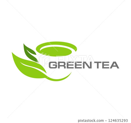 Green herbal tea icon with leaves for drink beverage product package, vector emblem. Natural tea icon of cup or mug teacup shape in green leaf for Chinese or Japanese green tea label Green herbal tea icon with leaves for drink beverage product package, vector emblem. Natural tea icon of cup or mug teacup shape in green leaf for Chinese or Japanese green tea label 124635293