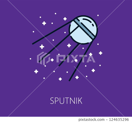 Space satellite color line icon. Astronomy travel linear icon, space exploration outline vector icon. Galaxy outerspace thin line symbol, cosmos research or discovery sign with artificial satellite 124635296