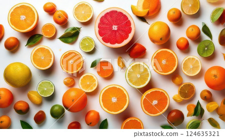 AI image: Citrus fruits lined up on a white background 124635321
